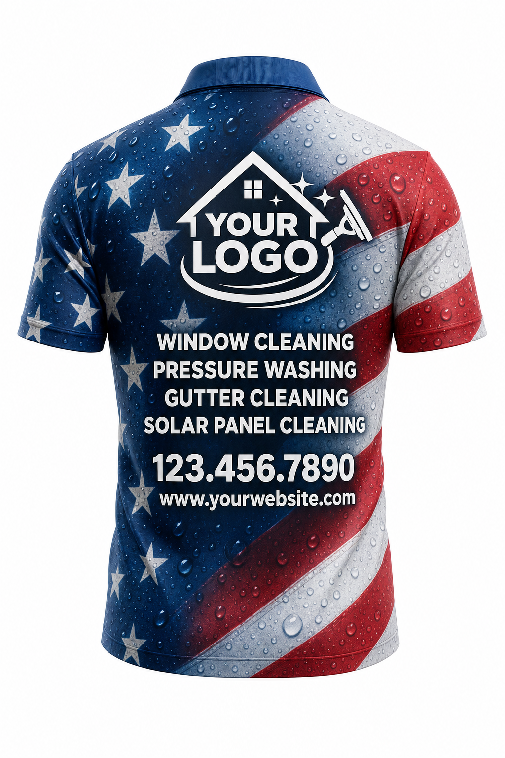 Stars & Stripes custom window cleaning crew uniform polo shirt — back (polo-back)