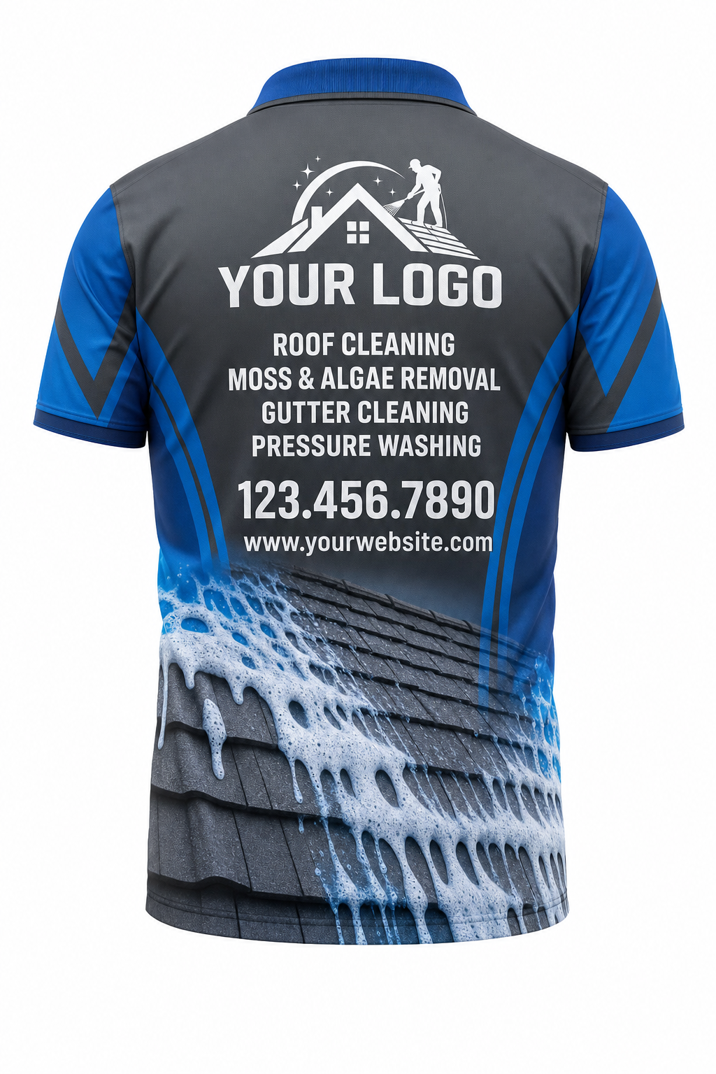 Steel Soft-Wash custom roof cleaning crew uniform polo shirt — back (polo-back)