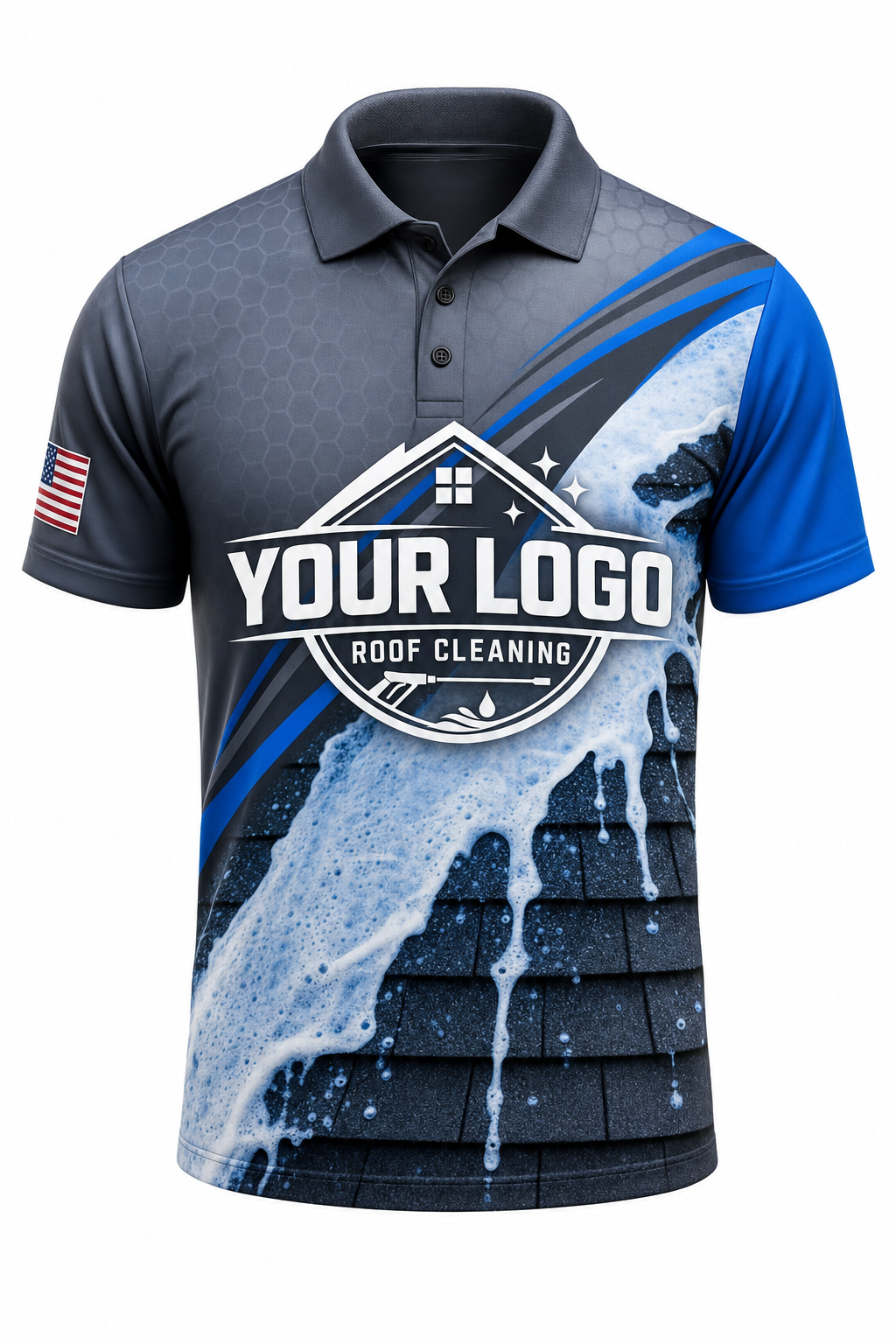 Steel Soft-Wash custom roof cleaning crew uniform polo shirt — front (polo-front)