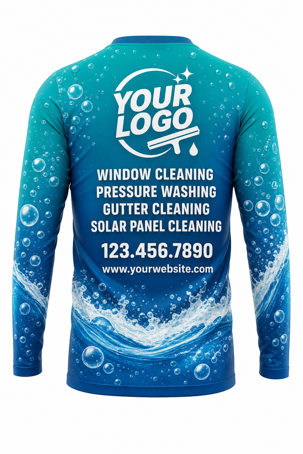 Bubble Wave custom window cleaning crew uniform long-sleeve shirt — back (longsleeve-back)