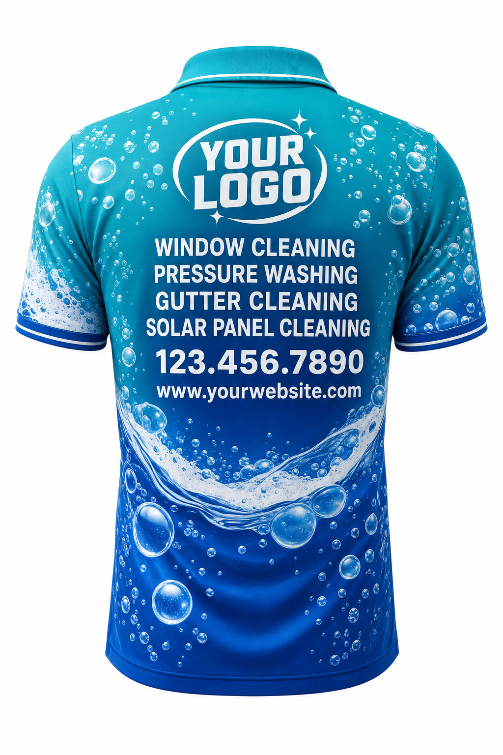 Bubble Wave custom window cleaning crew uniform polo shirt — back (polo-back)