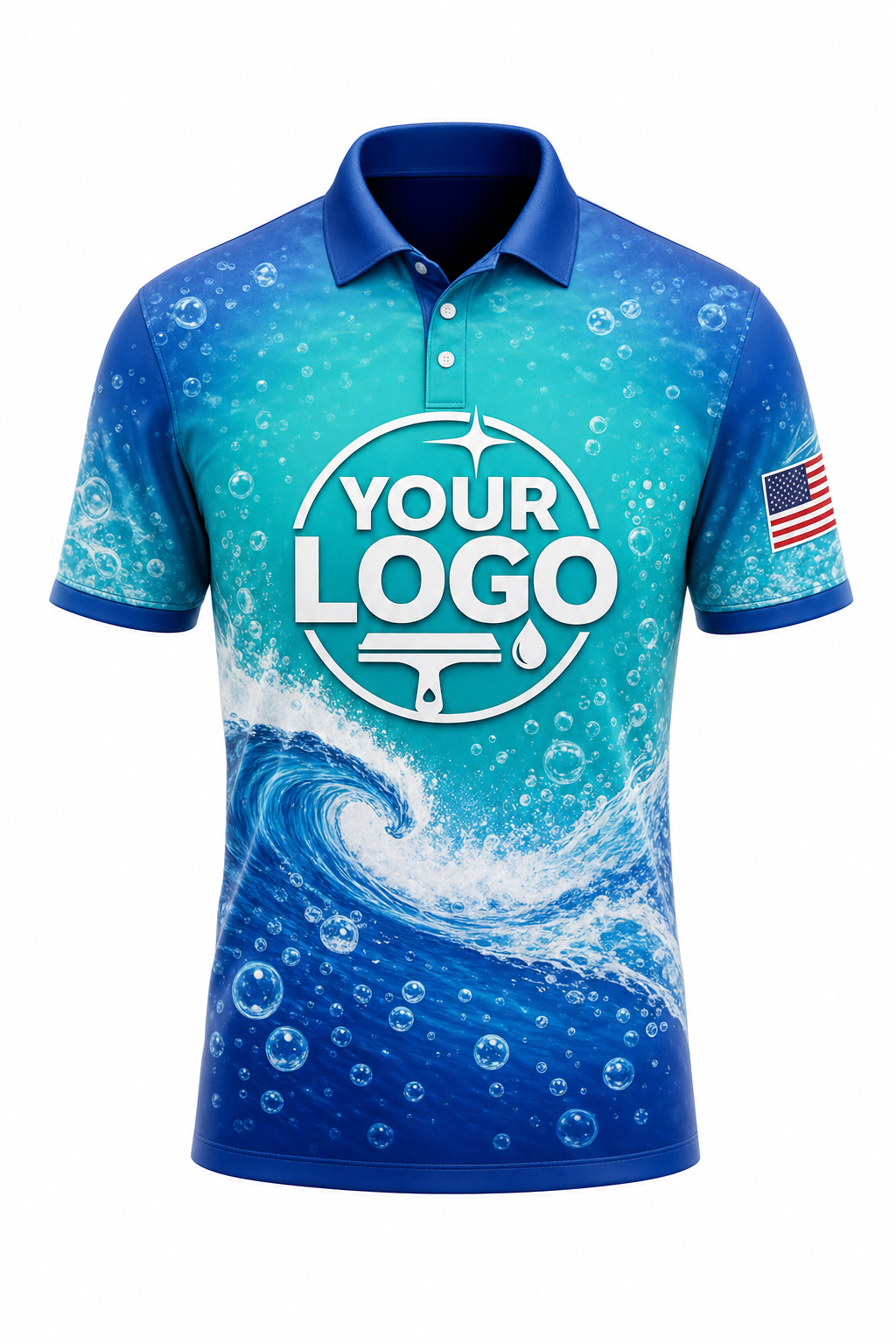 Bubble Wave custom window cleaning crew uniform polo shirt — front (polo-front)