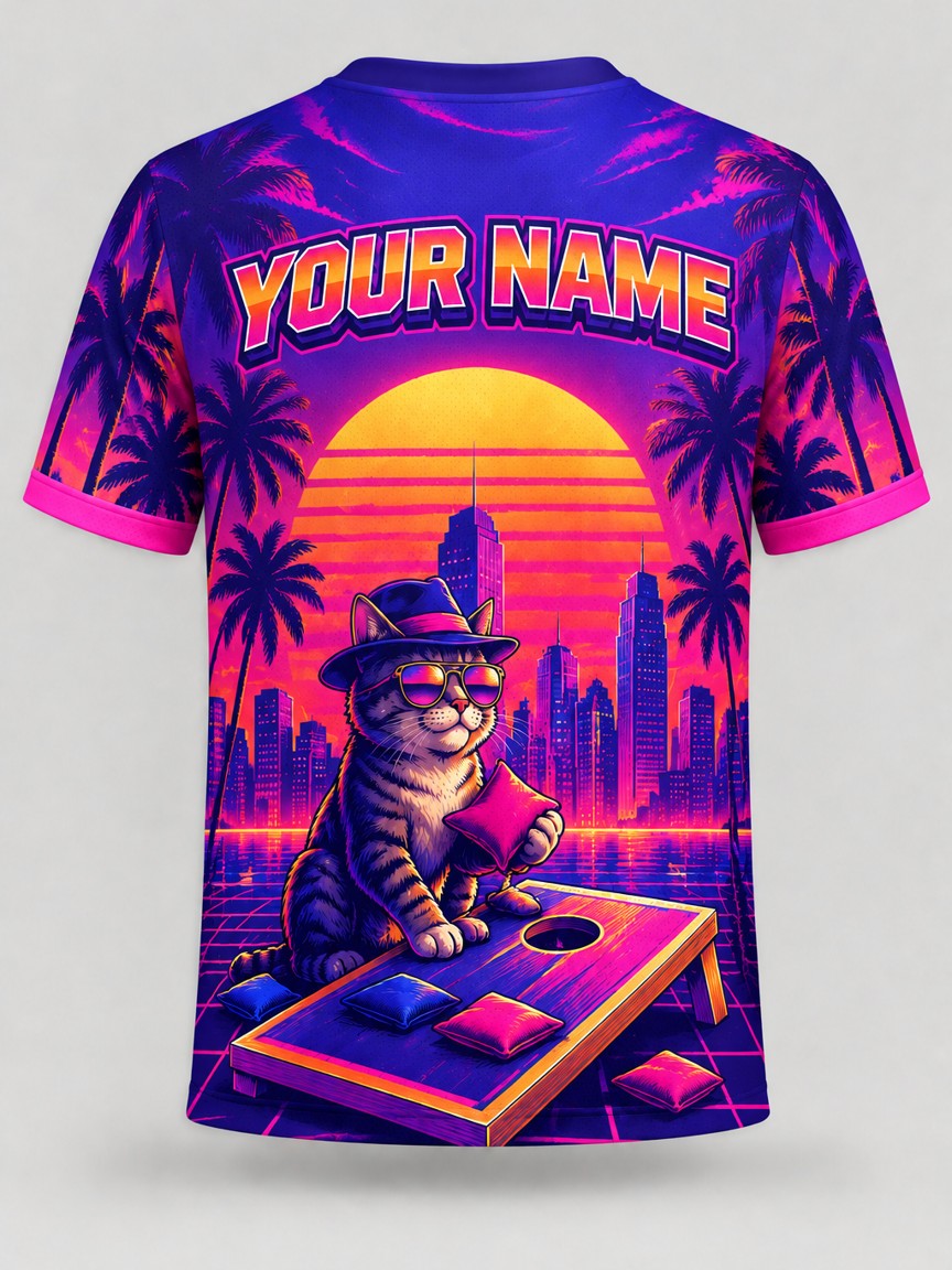 Synthwave Tabby custom cornhole team jersey, back