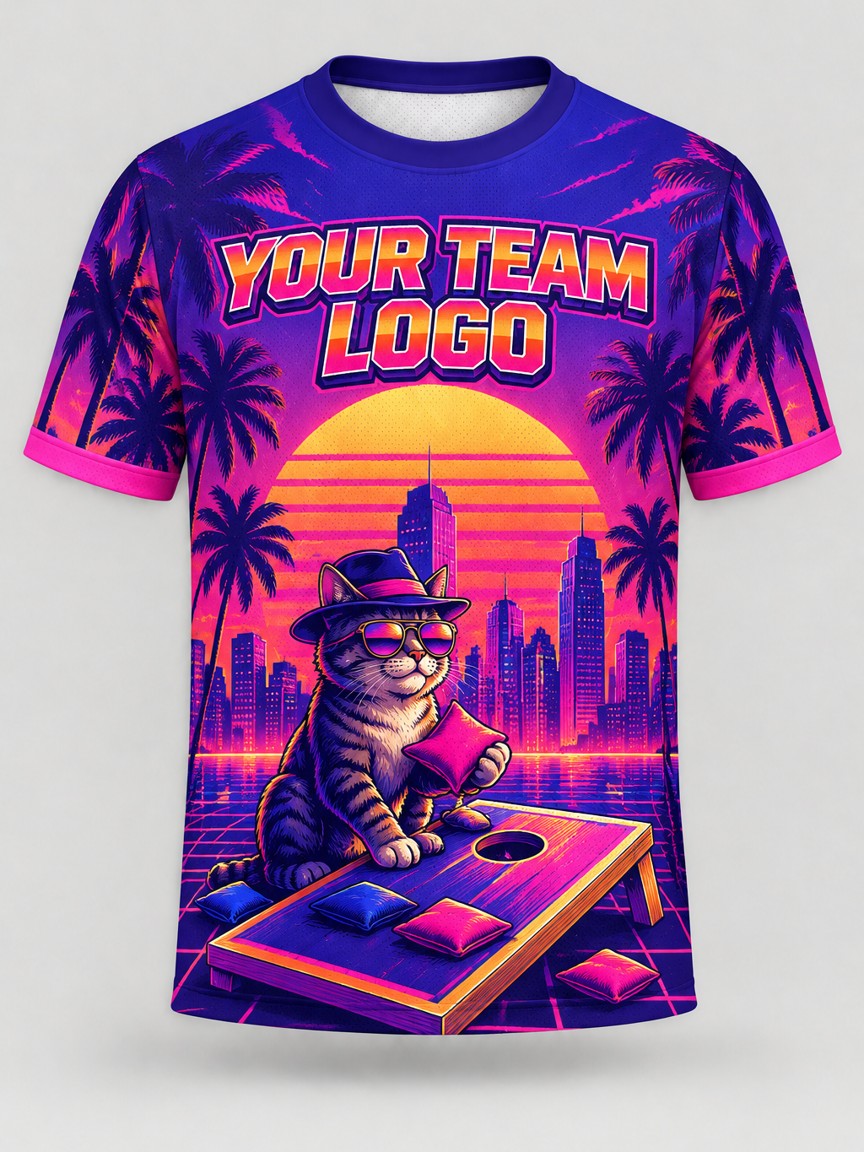 Synthwave Tabby custom cornhole team jersey, front