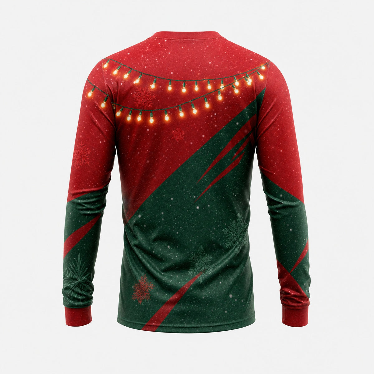 Back of Christmas Glow light installer shirt: red on top with warm string lights across the chest and a forest-green diagonal lower half, large logo area