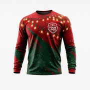 Front of Christmas Glow light installer shirt: red on top with warm string lights across the chest and a forest-green diagonal lower half