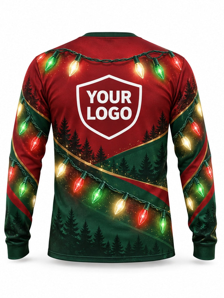 Back of Scarlet Sweep Christmas light installer shirt: red on top with a green lower sweep, pine silhouettes and a multicolor C9 strand, large logo area