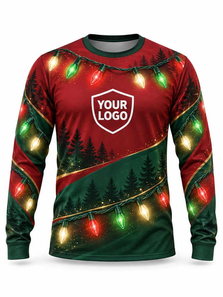 Front of Scarlet Sweep Christmas light installer shirt: red on top with a green lower sweep, pine silhouettes and a multicolor C9 strand