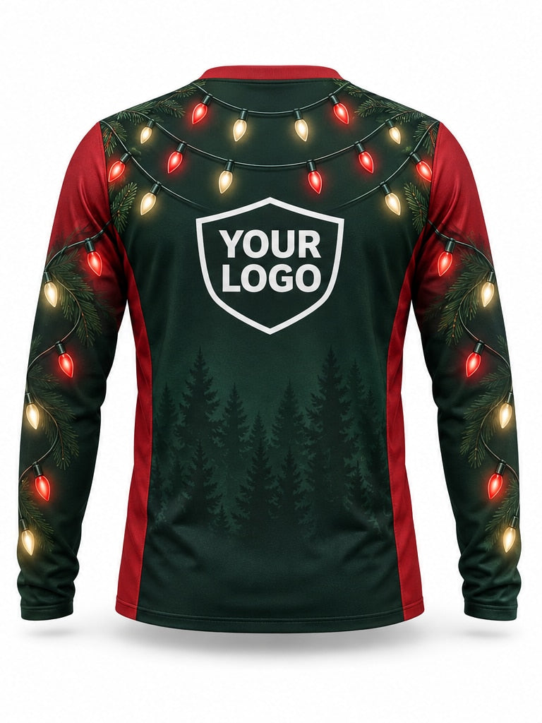 Back of Evergreen Canopy Christmas light installer shirt: dark green with red side panels, pine silhouettes and multicolor string lights across the shoulders, large logo area