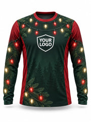 Front of Evergreen Canopy Christmas light installer shirt: dark green with red side panels, pine silhouettes and multicolor string lights across the shoulders