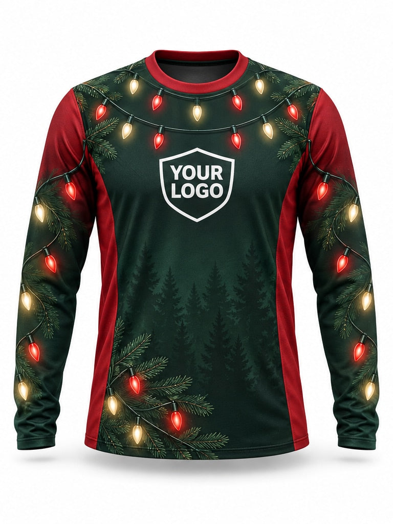 Front of Evergreen Canopy Christmas light installer shirt: dark green with red side panels, pine silhouettes and multicolor string lights across the shoulders