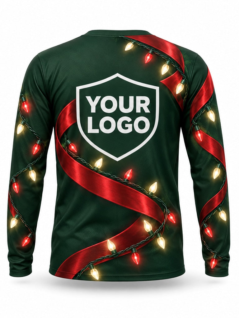 Back of Crimson Ribbon Christmas light installer shirt: forest green with a red ribbon and red and warm white string lights spiraling across the body, large logo area