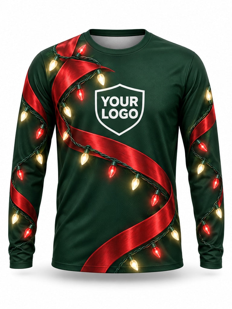 Front of Crimson Ribbon Christmas light installer shirt: forest green with a red ribbon and red and warm white string lights spiraling across the body