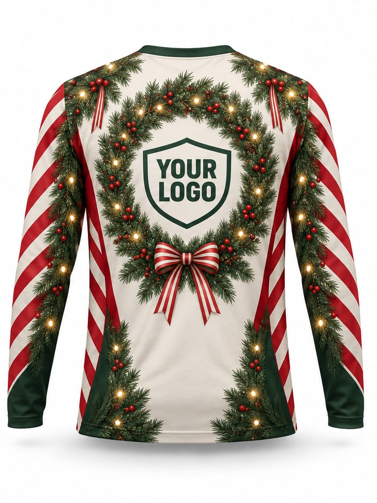 Back of Peppermint Crown Christmas light installer shirt: cream with candy-stripe sleeves and a garland wreath with a red bow, large logo area