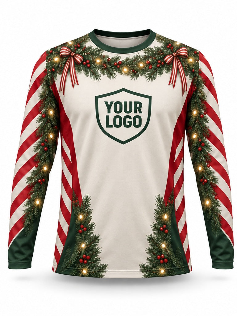Front of Peppermint Crown Christmas light installer shirt: cream with candy-stripe sleeves, garland and red bows at the collar