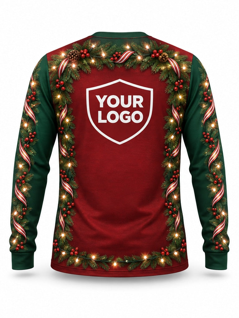 Back of Garland Gateway Christmas light installer shirt: a red center panel framed by green garland, candy canes and warm lights, large logo area