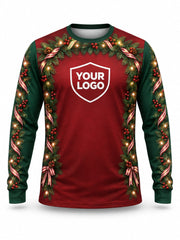 Front of Garland Gateway Christmas light installer shirt: a red center panel framed by green garland, candy canes and warm lights