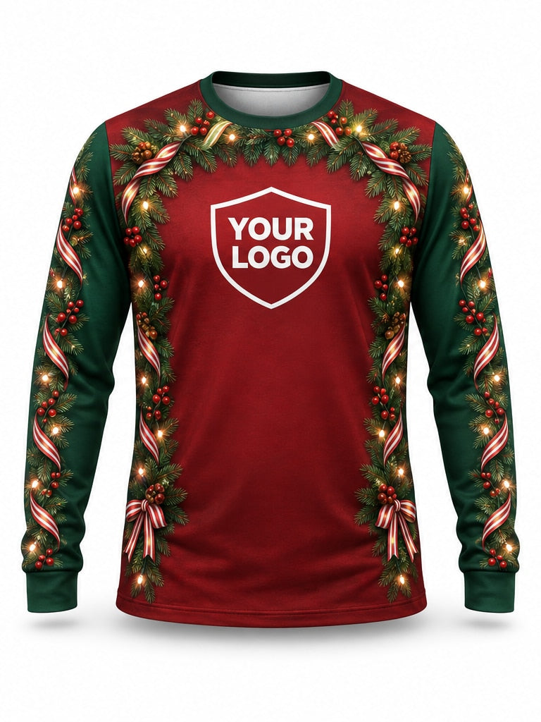 Front of Garland Gateway Christmas light installer shirt: a red center panel framed by green garland, candy canes and warm lights
