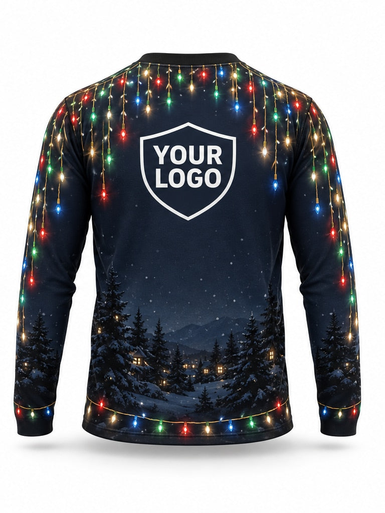 Back of Midnight Canopy Christmas light installer shirt: navy with multicolor lights hanging from the collar and along the hem above pine silhouettes, large logo area