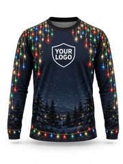 Front of Midnight Canopy Christmas light installer shirt: navy with multicolor lights hanging from the collar and along the hem above pine silhouettes