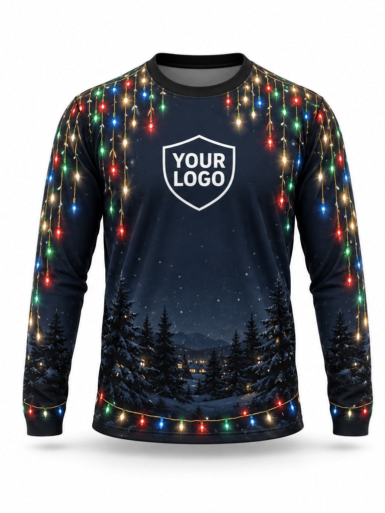 Front of Midnight Canopy Christmas light installer shirt: navy with multicolor lights hanging from the collar and along the hem above pine silhouettes