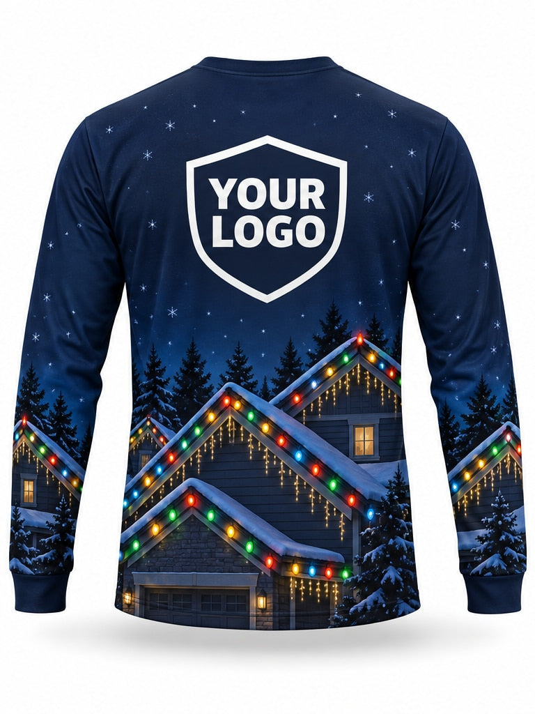 Back of Midnight Gables Christmas light installer shirt: navy with snowy house gables outlined in multicolor lights, large logo area