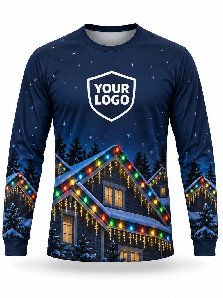 Front of Midnight Gables Christmas light installer shirt: navy with snowy house gables outlined in multicolor lights