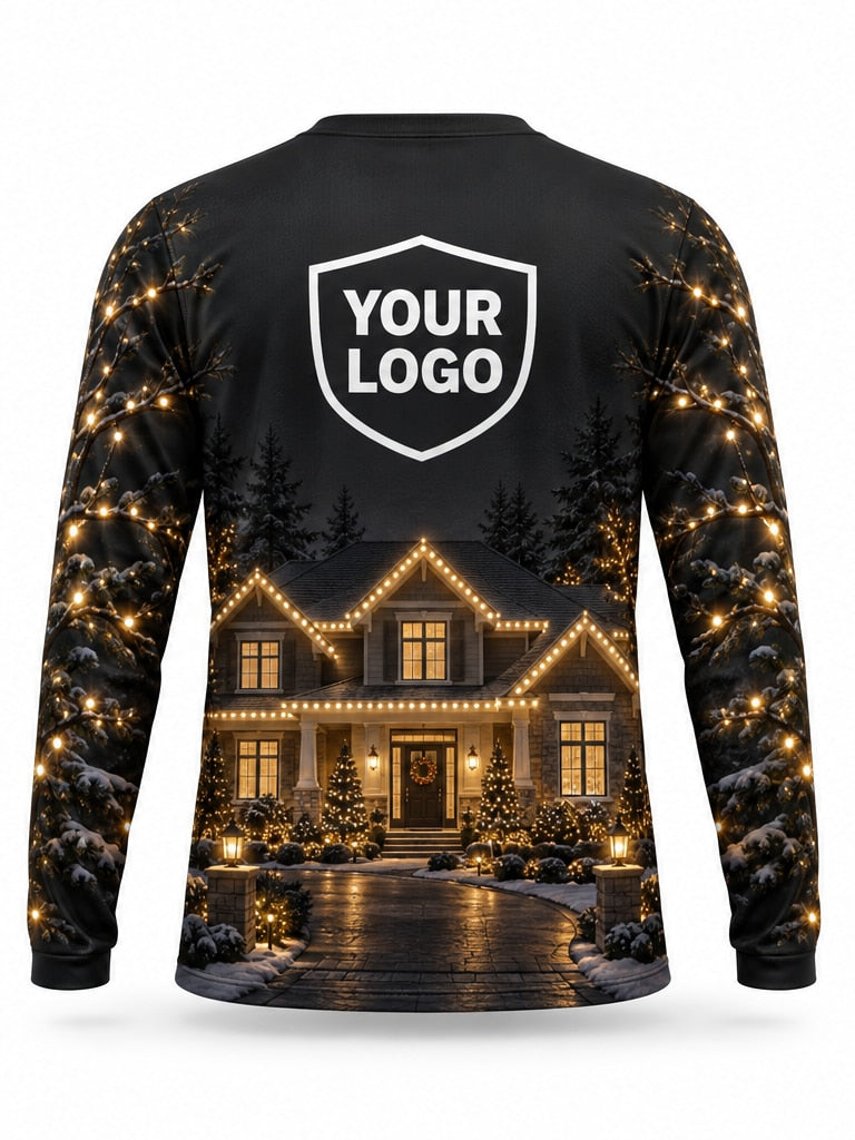 Back of Golden Estate Christmas light installer shirt: black with a large home outlined in warm white lights, large logo area