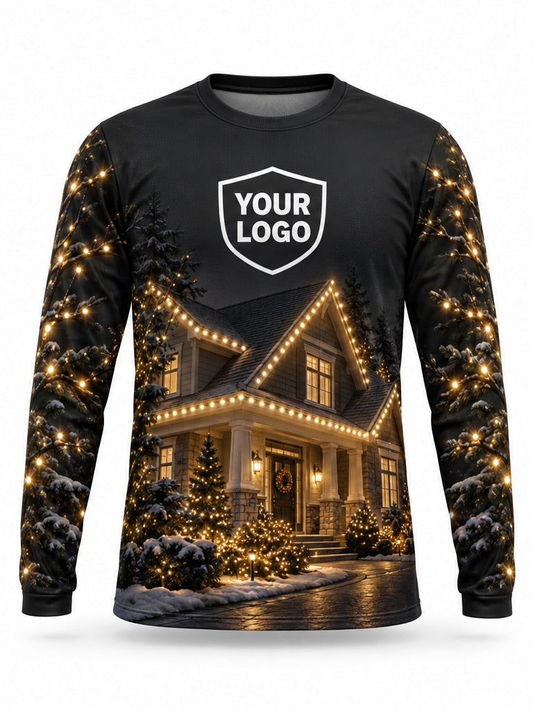 Front of Golden Estate Christmas light installer shirt: black with a large home outlined in warm white lights