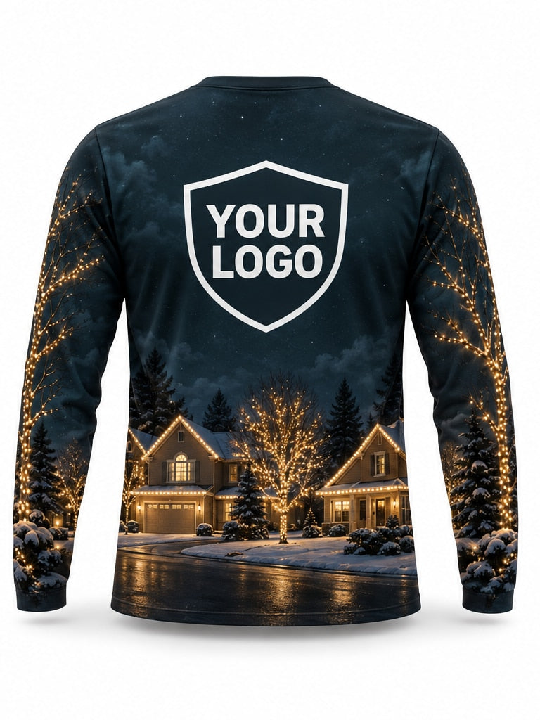 Back of Golden Avenue Christmas light installer shirt: dark navy with a street of homes and trees lit in warm white, large logo area