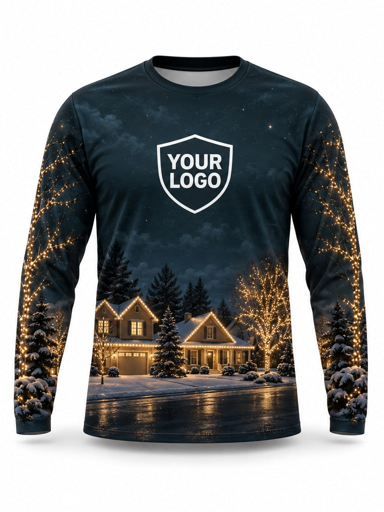 Front of Golden Avenue Christmas light installer shirt: dark navy with a street of homes and trees lit in warm white