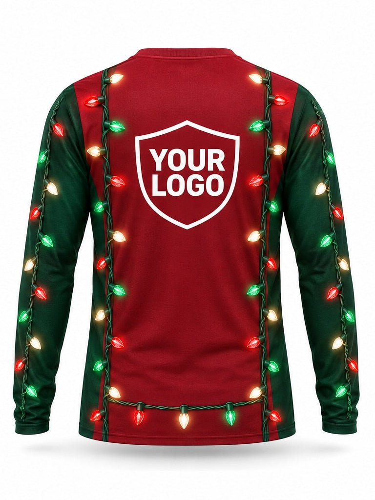 Back of Cardinal Rails Christmas light installer shirt: red with green side panels lined with multicolor C9 light strands, large logo area