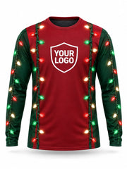 Front of Cardinal Rails Christmas light installer shirt: red with green side panels lined with multicolor C9 light strands