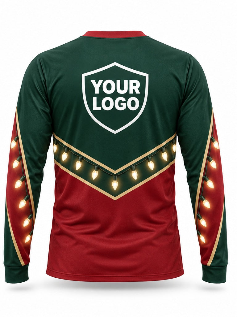 Back of Festive Chevron Christmas light installer shirt: green on top and red below, split by a gold-trimmed chevron of warm bulbs, large logo area