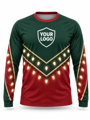 Front of Festive Chevron Christmas light installer shirt: green on top and red below, split by a gold-trimmed chevron of warm bulbs