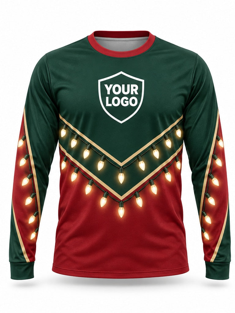 Front of Festive Chevron Christmas light installer shirt: green on top and red below, split by a gold-trimmed chevron of warm bulbs