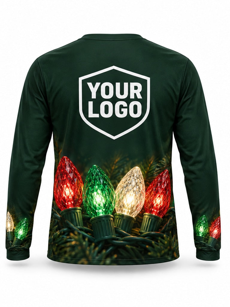 Back of C9 Signature Christmas light installer shirt: forest green with giant red, green and white C9 bulbs along the hem and cuffs, large logo area