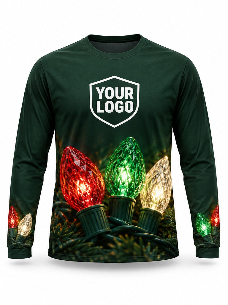 Front of C9 Signature Christmas light installer shirt: forest green with giant red, green and white C9 bulbs along the hem and cuffs