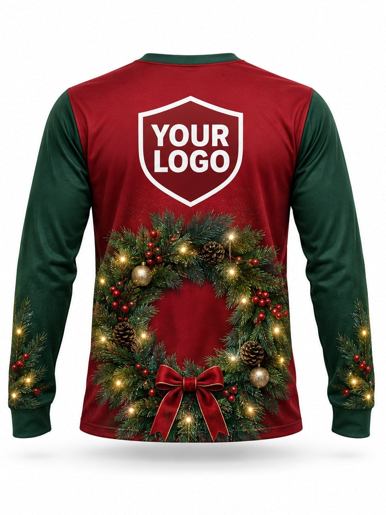Back of Crimson Wreath Christmas light installer shirt: red with green sleeves and a lit pinecone wreath with a red bow, large logo area