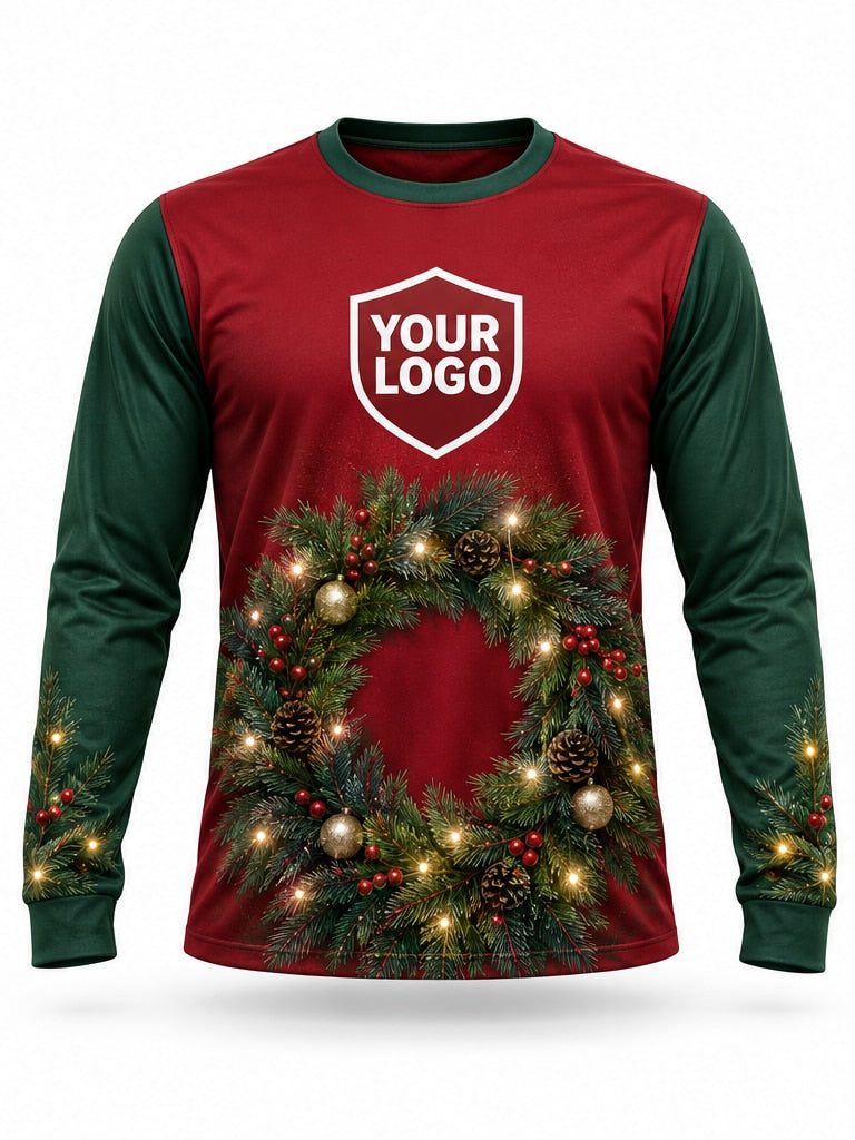 Front of Crimson Wreath Christmas light installer shirt: red with green sleeves and a lit pinecone wreath
