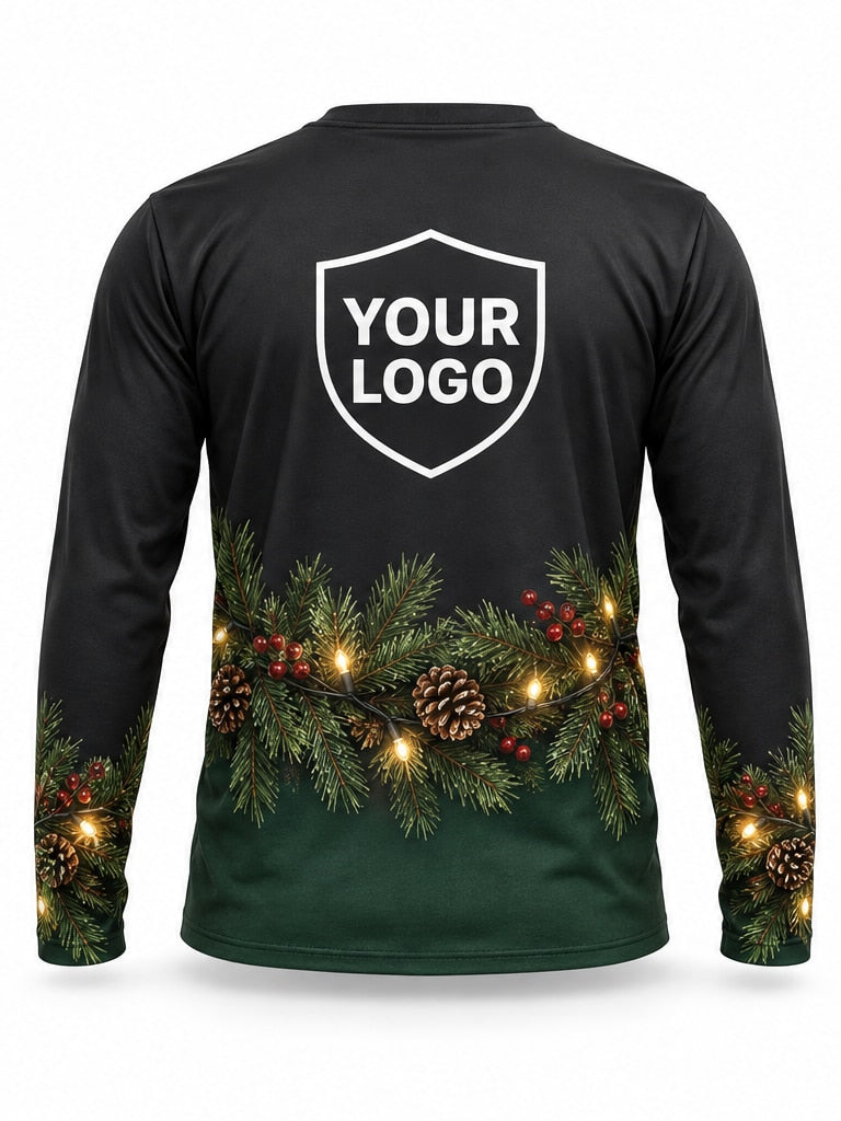 Back of Pine Mantle Christmas light installer shirt: black on top with a pine garland, pinecones and warm lights above a green hem, large logo area
