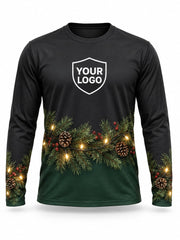 Front of Pine Mantle Christmas light installer shirt: black on top with a pine garland, pinecones and warm lights above a green hem