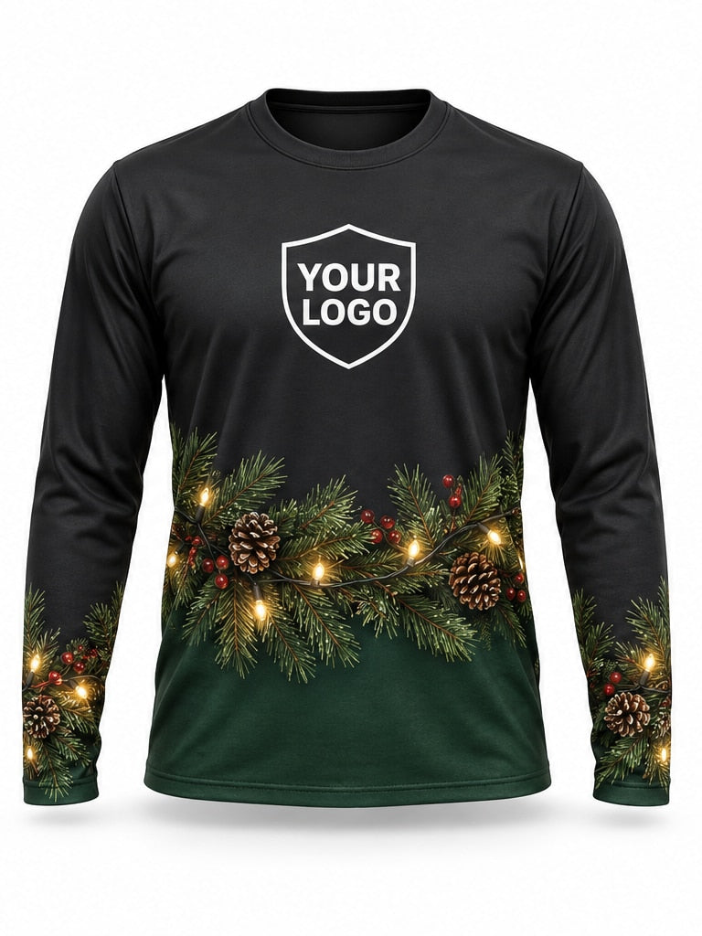Front of Pine Mantle Christmas light installer shirt: black on top with a pine garland, pinecones and warm lights above a green hem