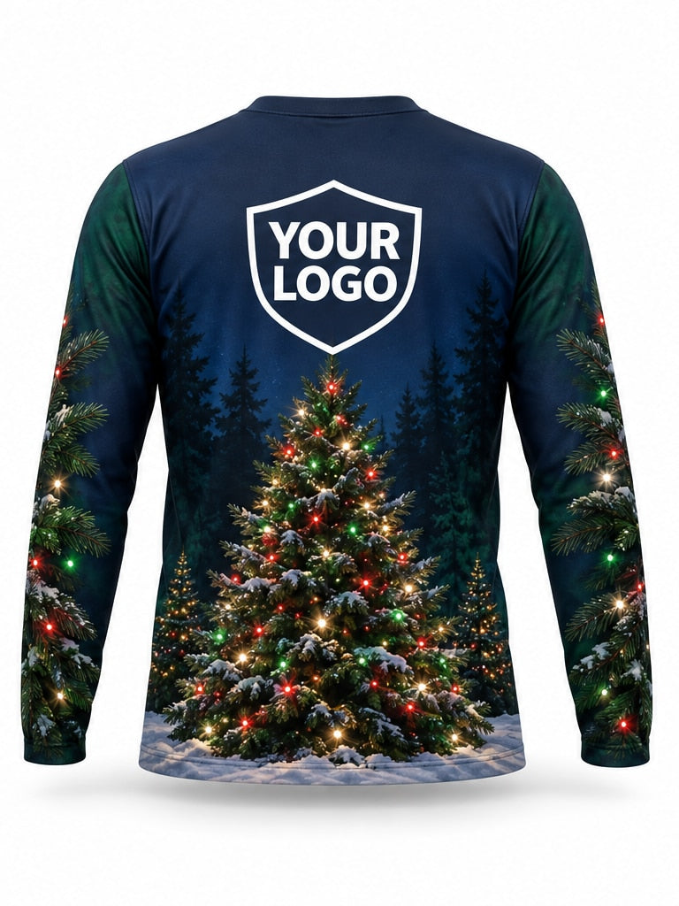Back of Evergreen Beacon Christmas light installer shirt: navy with a fully lit Christmas tree in the snow and pine-lined sleeves, large logo area