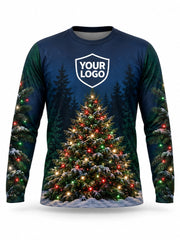 Front of Evergreen Beacon Christmas light installer shirt: navy with a fully lit Christmas tree in the snow and pine-lined sleeves