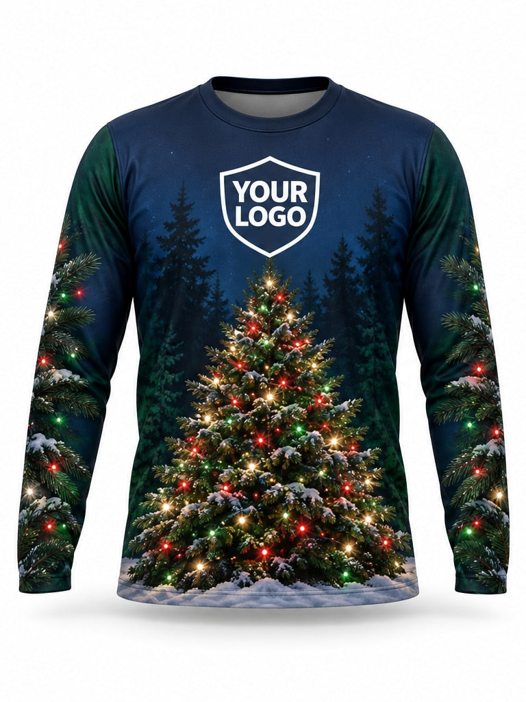Front of Evergreen Beacon Christmas light installer shirt: navy with a fully lit Christmas tree in the snow and pine-lined sleeves