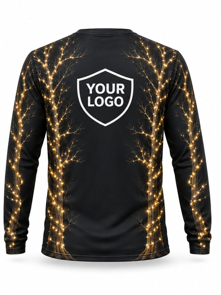 Back of Golden Branches Christmas light installer shirt: black with gold-lit tree branches rising from the hem, large logo area