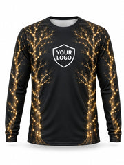 Front of Golden Branches Christmas light installer shirt: black with gold-lit tree branches rising from the hem