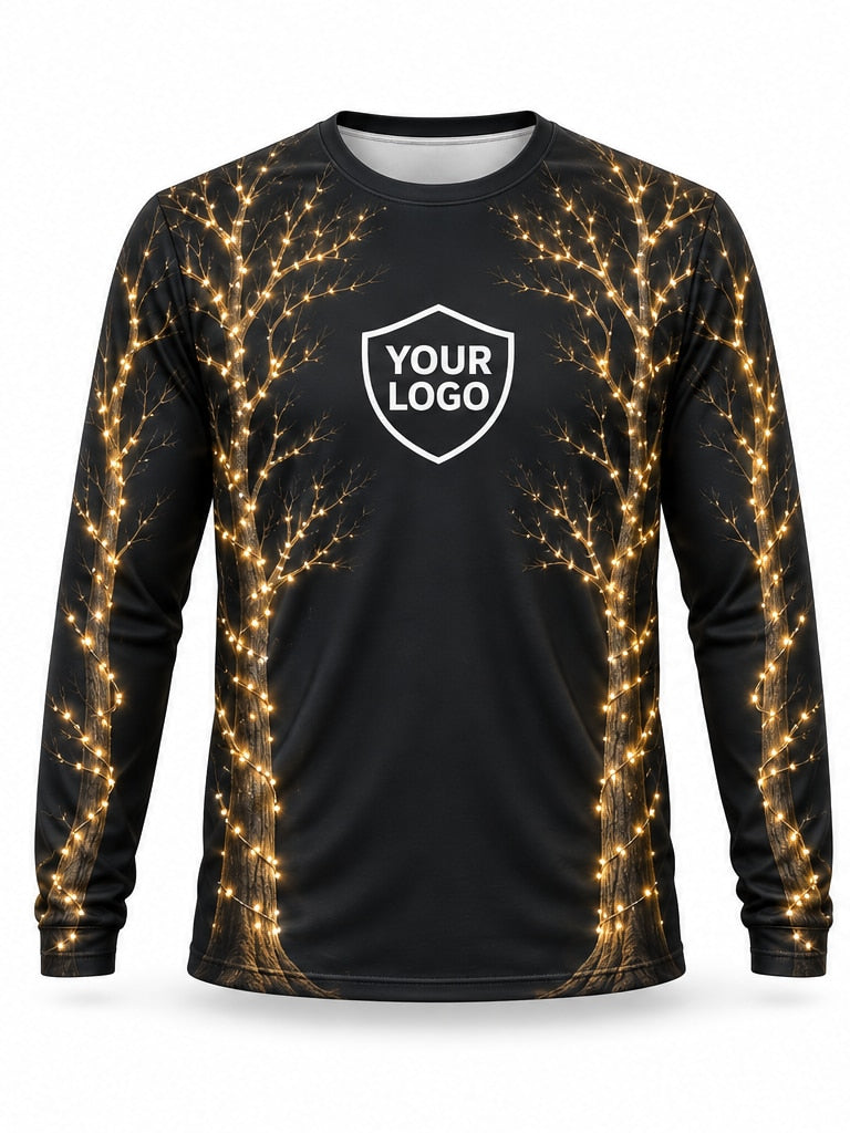 Front of Golden Branches Christmas light installer shirt: black with gold-lit tree branches rising from the hem