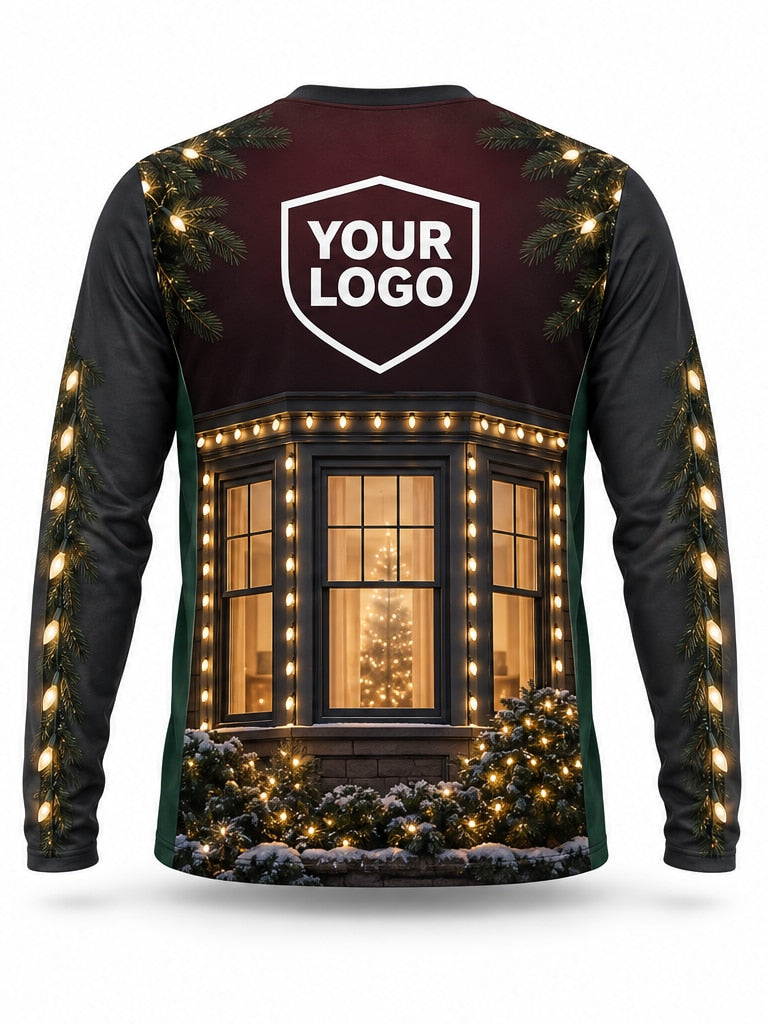 Back of Bay Window Glow Christmas light installer shirt: dark maroon and charcoal with a glowing bay window framed in warm lights and a decorated tree inside, large logo area